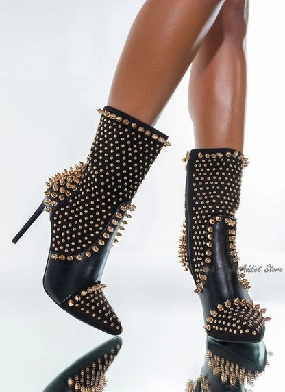 Black Studded Luxury Ankle Boots Women Sexy Full Stud High Heels