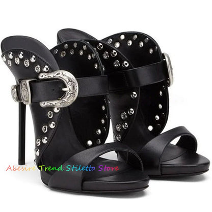 Black Sexy Open Toe Buckle Straps Rivets Stilettos Women Sexy Thin
