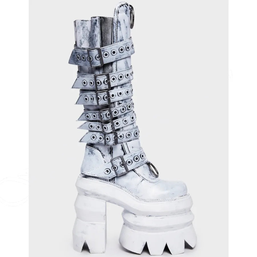 White Chunky Heel Punk Boots Platform Side Zipper High Heel Shoes for