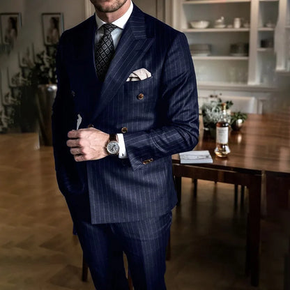 Navy Blue Striped Men Suits Fashion Peak Lapel Double Breasted Male