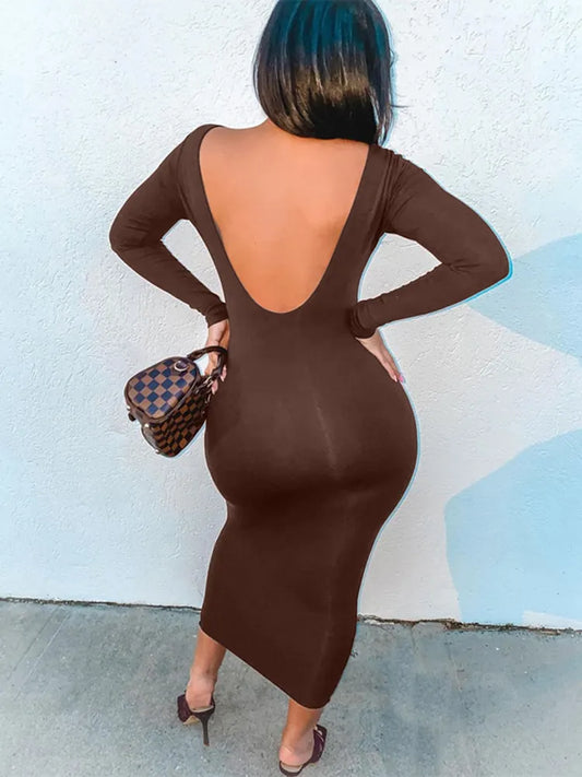 Dulzura Long Sleeve Backless Brown Maxi Dress For Women Bodycon Skinny