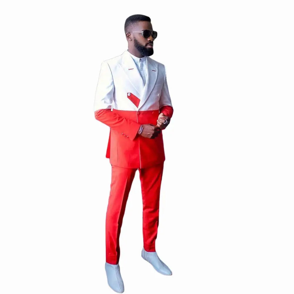 Men's Suits 2 Pieces White Red Splicing Slim Fit Groom Wedding Formal