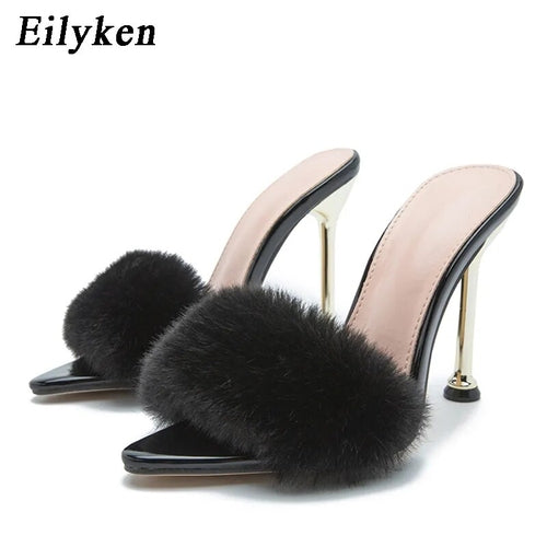 Eilyken Fashion Faux Fur Women Mule High Heels Slippers Sandals Flip