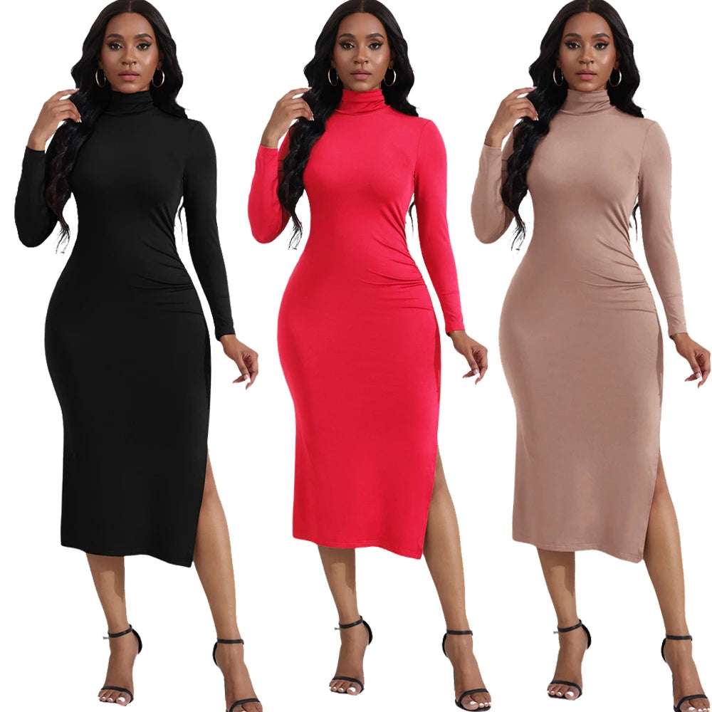 Women Sexy Dress Turtleneck Maxi Long Dresses Sexy Side Splited Full