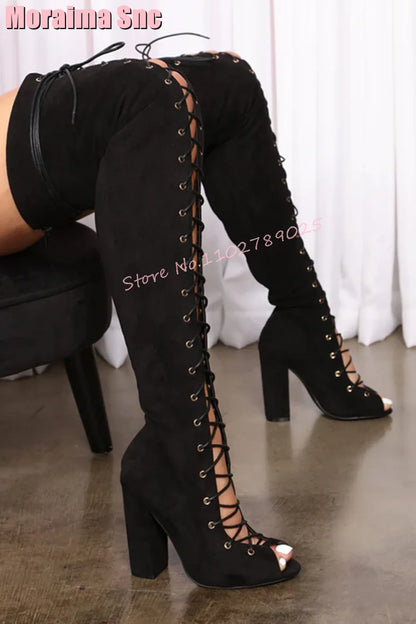 Fashion Peep Toe Lace Up Hollow Thigh High Boots Stiletto High Heel
