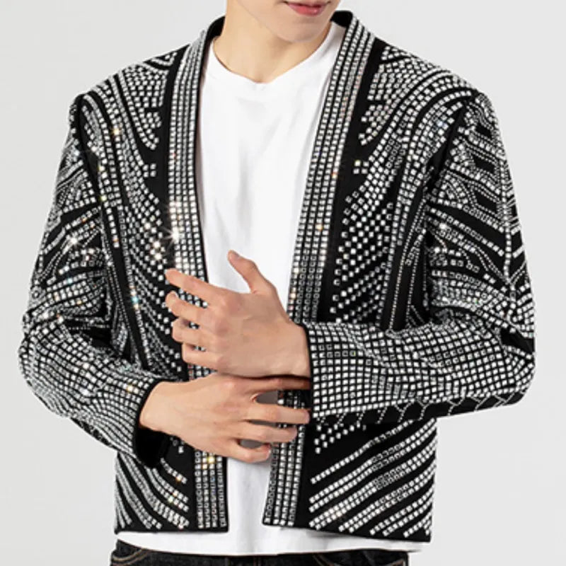 Black High Quality Luxury Full Rhinestones Jacket Men Jacket