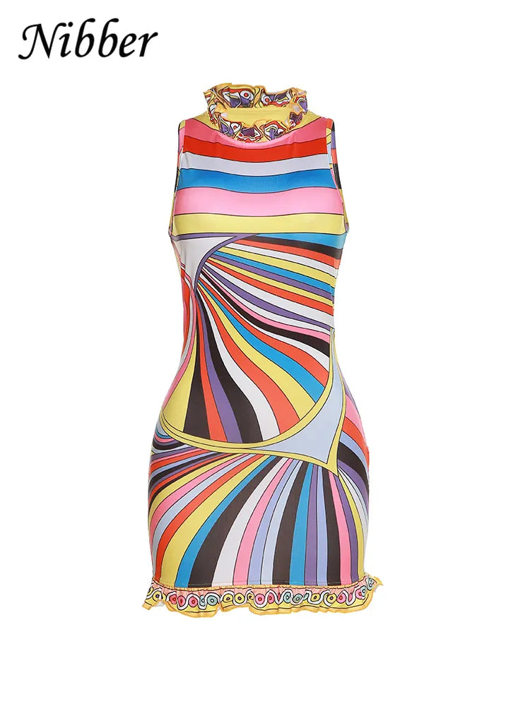 Nibber Unique Ruched Neckline Colorful Striped Mini Dress Women Sexy