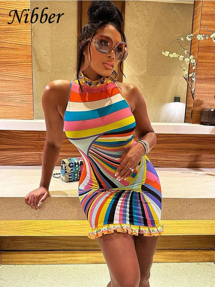 Nibber Unique Ruched Neckline Colorful Striped Mini Dress Women Sexy