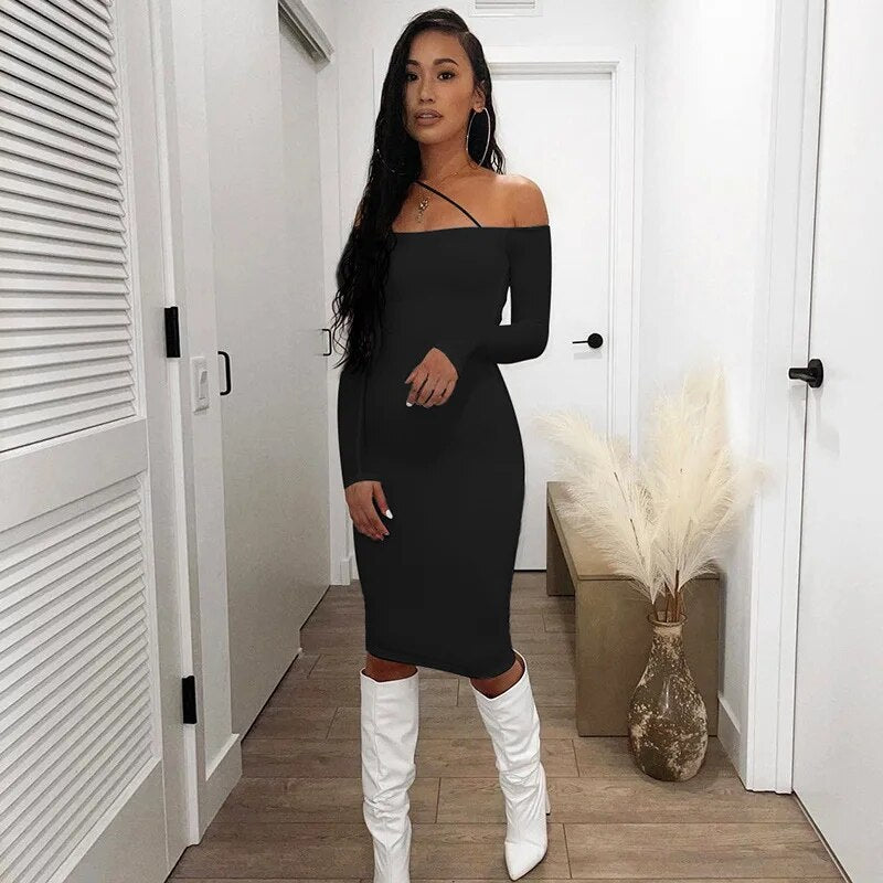 One Shoulder Backless Midi Dress Sexy Pink Dresses Ladies Black