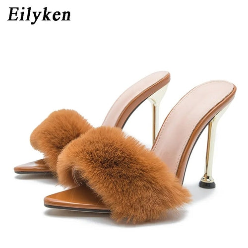 Eilyken Fashion Faux Fur Women Mule High Heels Slippers Sandals Flip