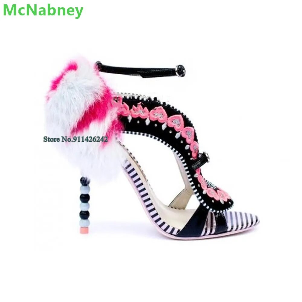 Strange Heel Feather Embroidery Mixed Colors Sandals For Female Women