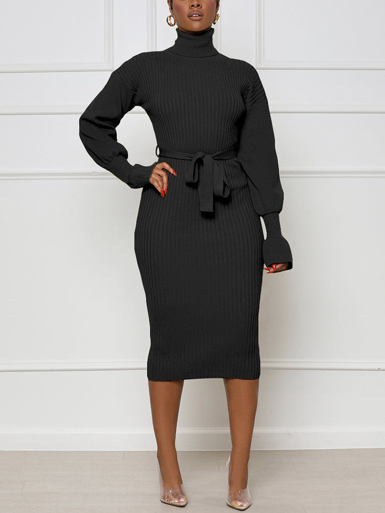 High Neck Long Sleeve Belt Knitted Sweater Dress