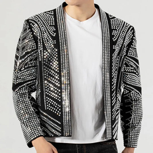 Black High Quality Luxury Full Rhinestones Jacket Men Jacket