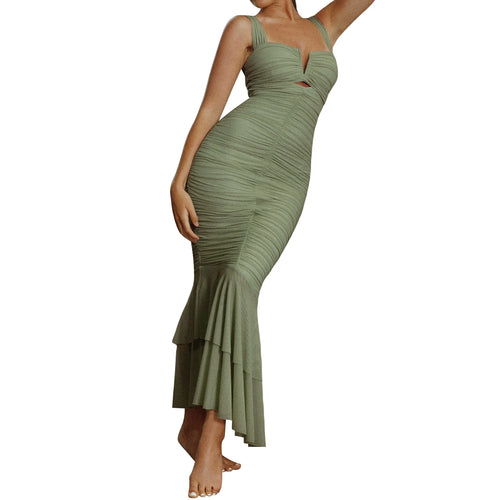 Women Sleeveless Bodycon Dress Fishtail Hem V Neck Cutout Ruched Party