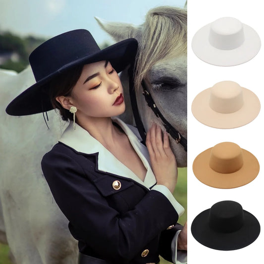 10cm Big Wide Brim French Fedora Hat Solid Classic Wool Jazz Flat Brim