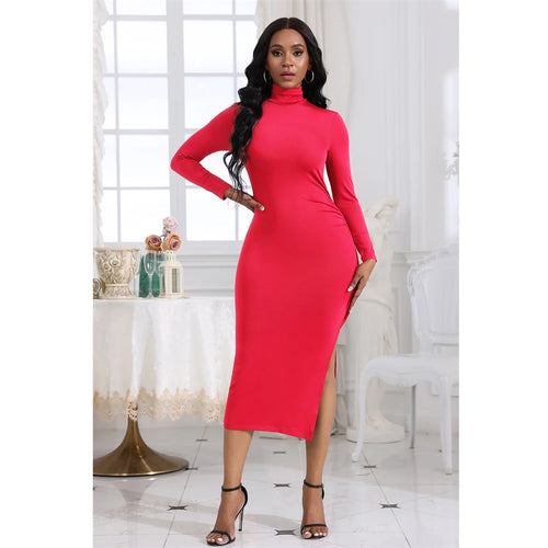 Women Sexy Dress Turtleneck Maxi Long Dresses Sexy Side Splited Full