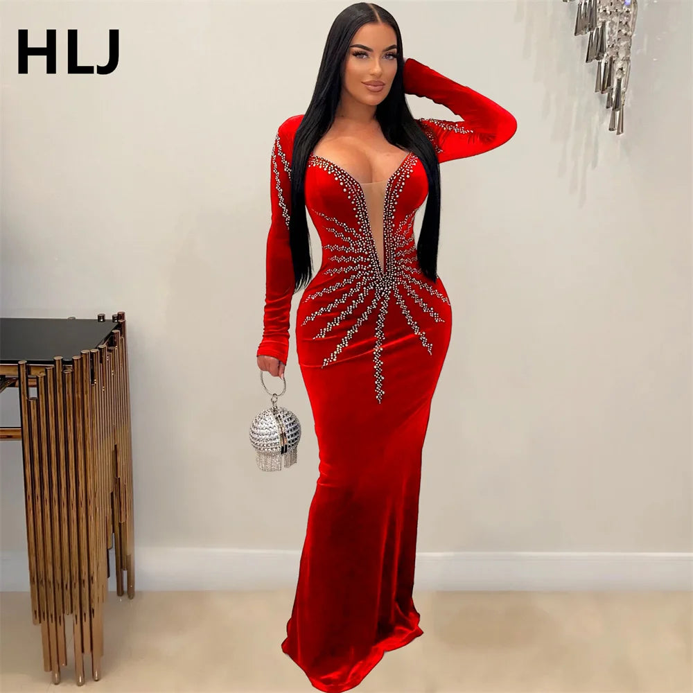 HLJ Fashion Pearls Rhinestones Deep V Bodycon Party Club Dresses Women