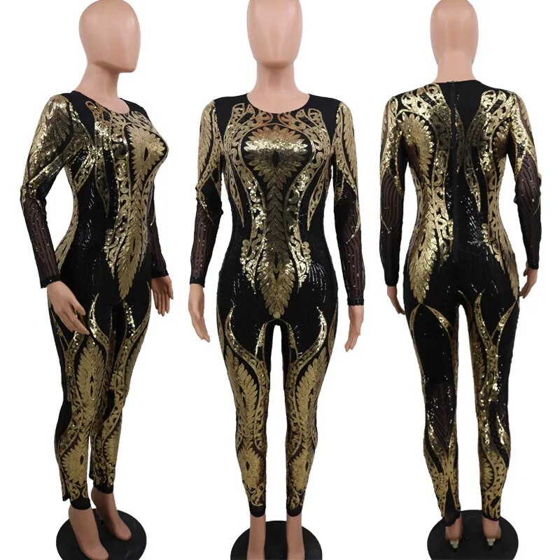 Sexy Gold Sequin Jumpsuit Women Bodycon Overalls Glitter Bandage