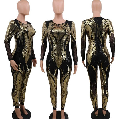 Sexy Gold Sequin Jumpsuit Women Bodycon Overalls Glitter Bandage