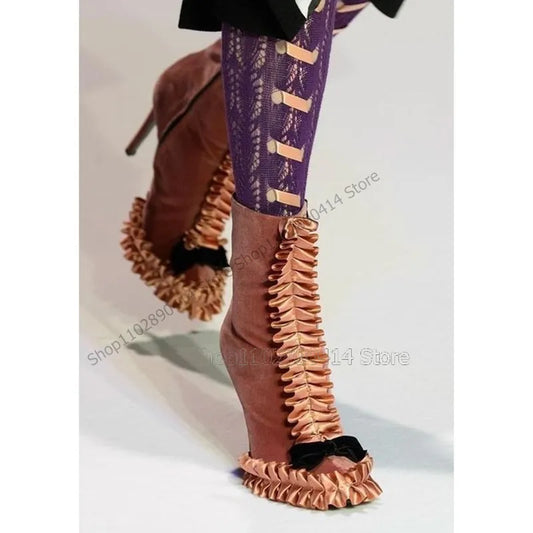 Bow Knot Decor Pleated Velvet Ankle Boots Mid Calf Side Zipper Women