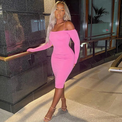 One Shoulder Backless Midi Dress Sexy Pink Dresses Ladies Black