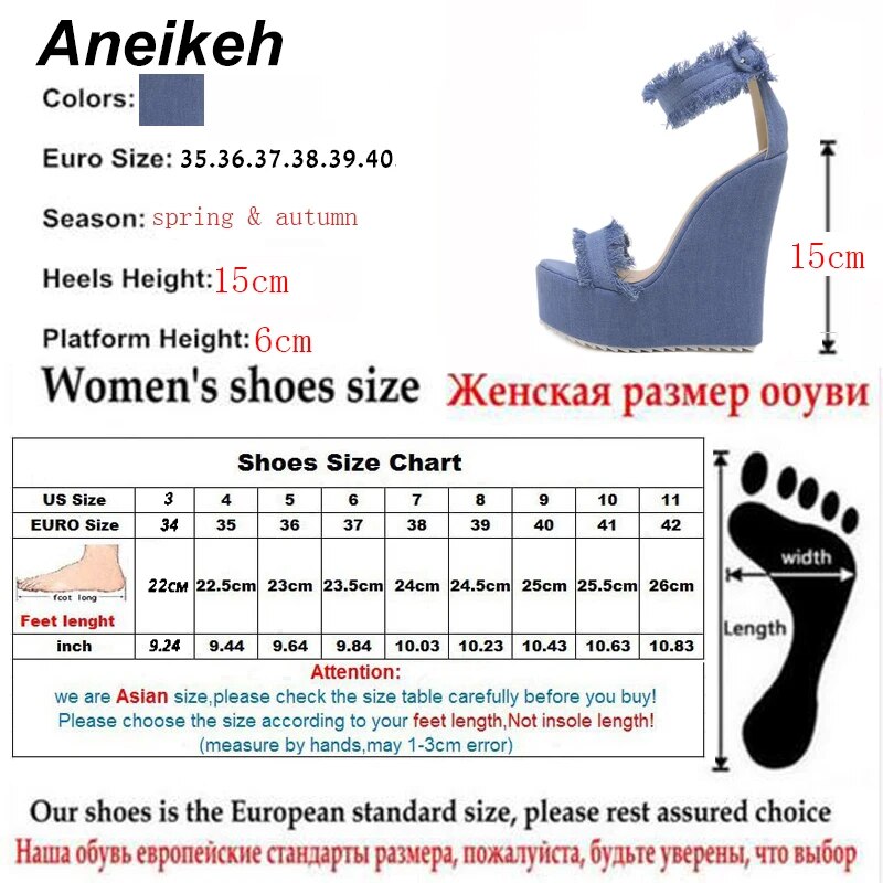 Aneikeh 2024 Blue Designer Denim Sandals Summer Woman Wedges High