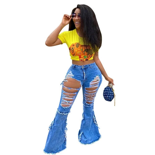 FAGADOER Blue Fashion Hole Denim Flared Pants Women High Waisted