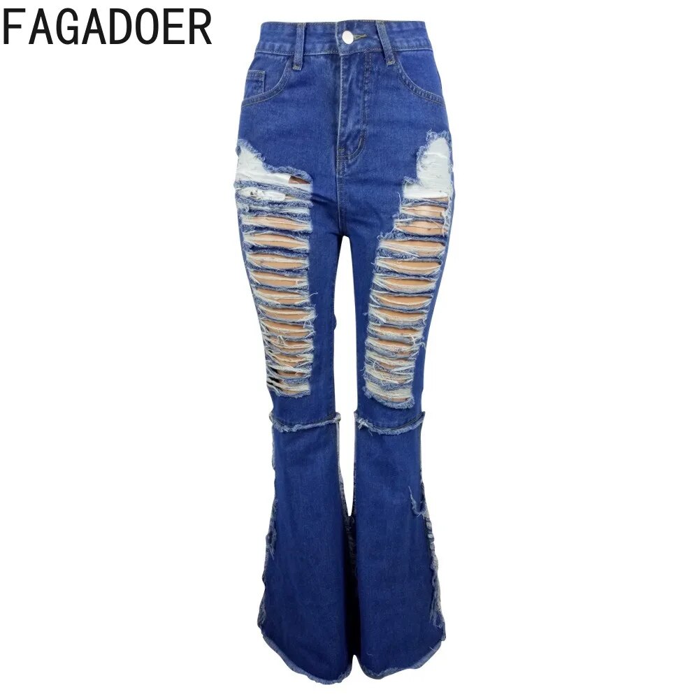 FAGADOER Blue Fashion Hole Denim Flared Pants Women High Waisted