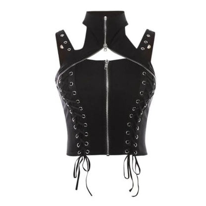 Black Punk Sleeveless Zipper Choker Halter Gothic Tank Bandage Crop