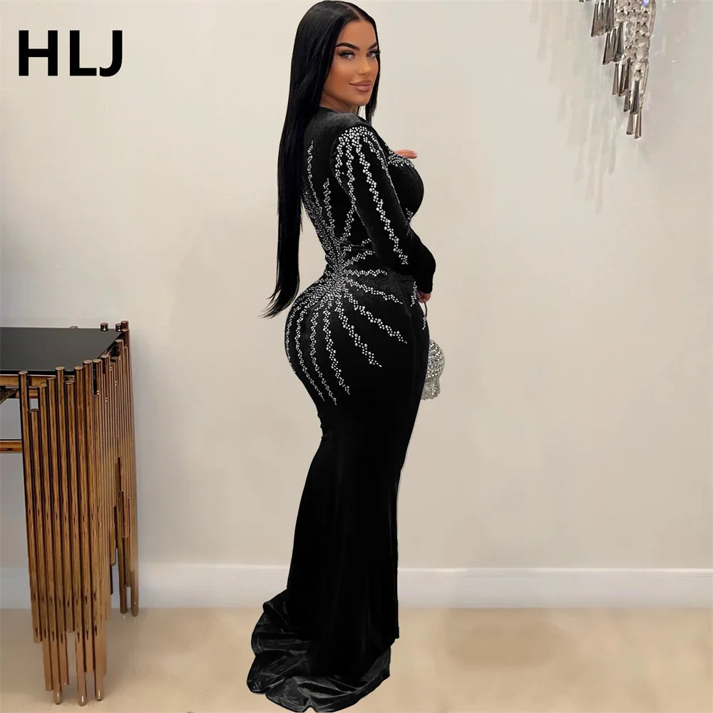 HLJ Fashion Pearls Rhinestones Deep V Bodycon Party Club Dresses Women