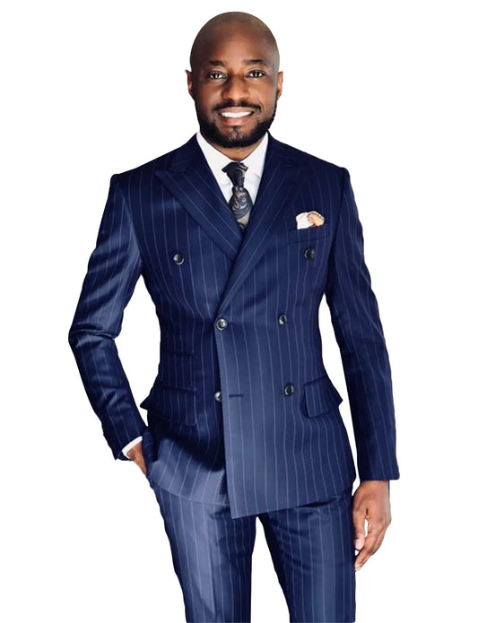 Classic Navy Blue Striped Men Suit Double Breasted Daily Business