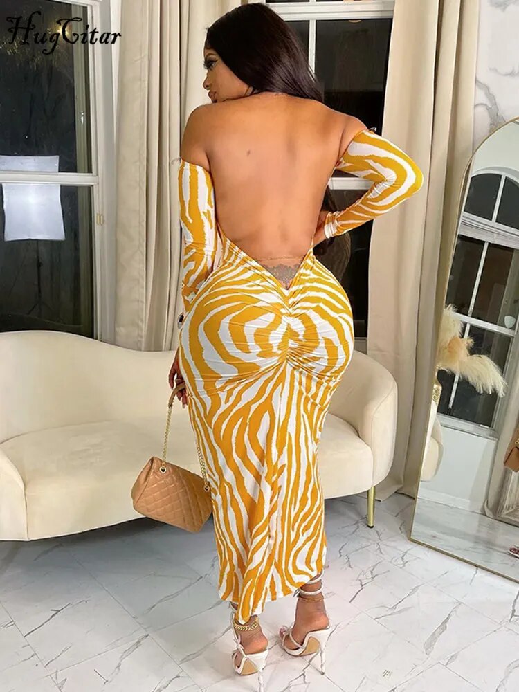 Hugcitar Striped Print Slash Neck Long Sleeve Backless Ruched Sexy