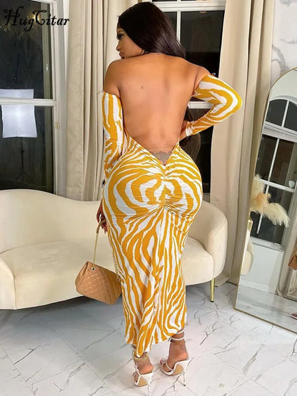 Hugcitar Striped Print Slash Neck Long Sleeve Backless Ruched Sexy
