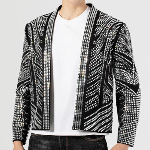 Black High Quality Luxury Full Rhinestones Jacket Men Jacket