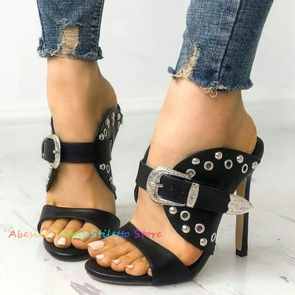 Black Sexy Open Toe Buckle Straps Rivets Stilettos Women Sexy Thin