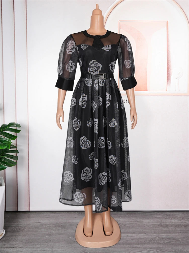 Chiffon Dresses For Women African Dashiki Flowers Print Maxi Robe