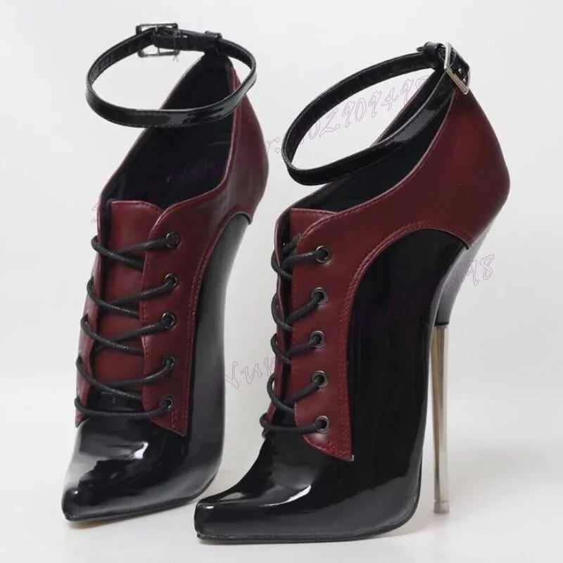 Patchwork Ankle Strap Metal Heels Boots Lace Up Pointed Toe Shoes for