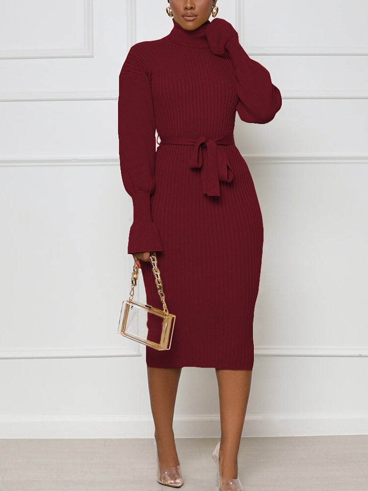 High Neck Long Sleeve Belt Knitted Sweater Dress