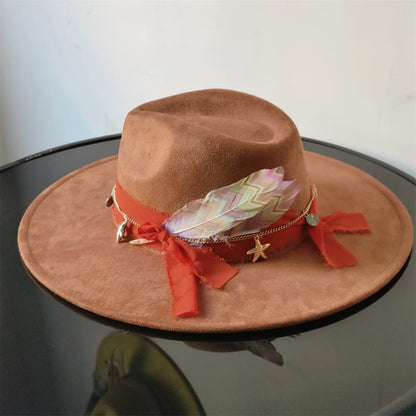 Retro Suede Fedora Hat with Feather Accessories