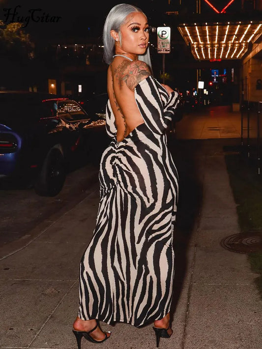 Hugcitar Striped Print Slash Neck Long Sleeve Backless Ruched Sexy