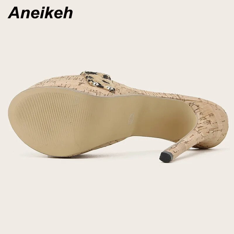 Aneikeh Sexy Leopard Platform Sandals High Heels Summer Slippers