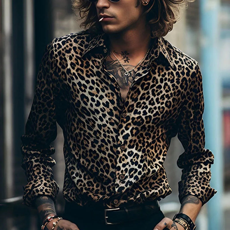 Casual Shirts Men Leopard Print Vintage Button-up Lapel Shirt