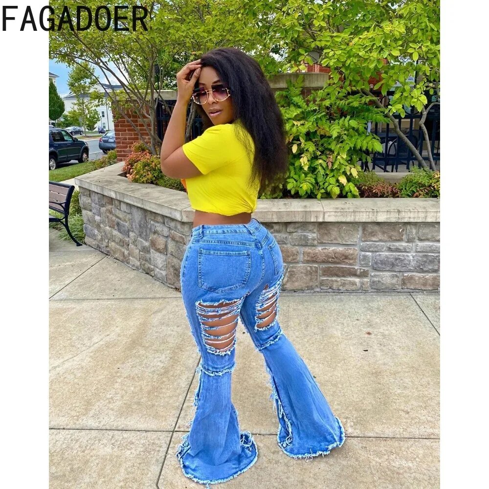 FAGADOER Blue Fashion Hole Denim Flared Pants Women High Waisted – B U ...