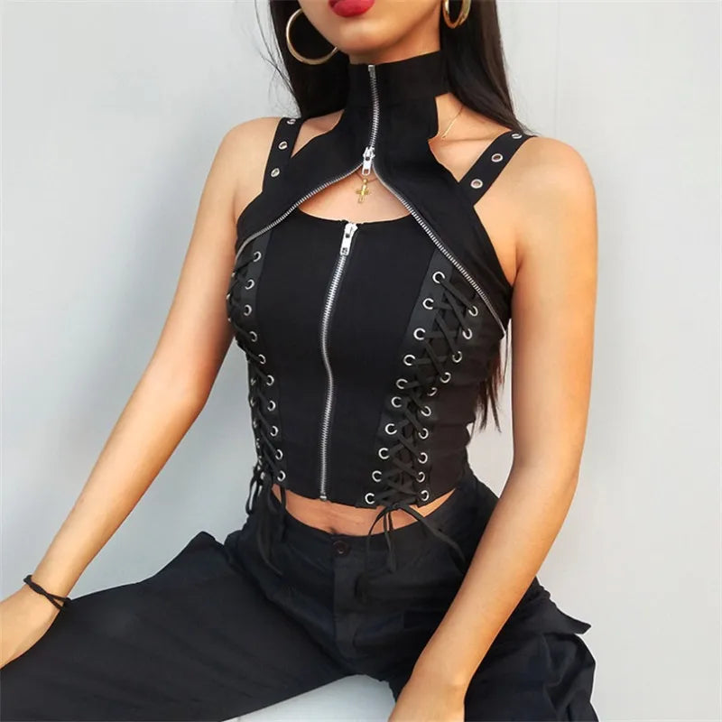 Black Punk Sleeveless Zipper Choker Halter Gothic Tank Bandage Crop