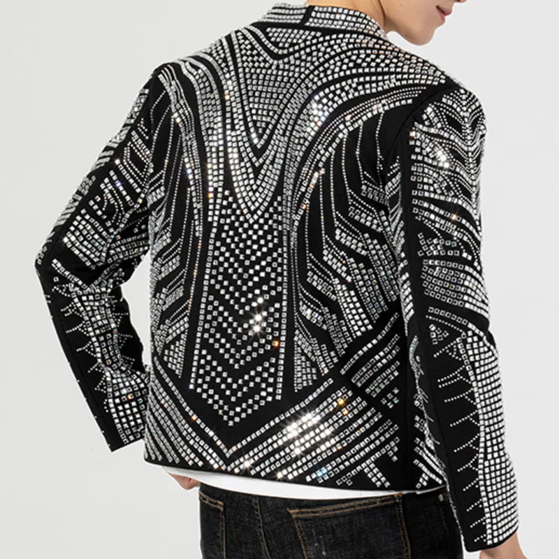 Black High Quality Luxury Full Rhinestones Jacket Men Jacket