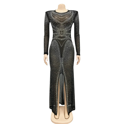 Women's Party Dress Long Sleeveless Rhinestone Luxury Mesh see-through