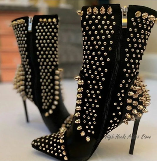 Black Studded Luxury Ankle Boots Women Sexy Full Stud High Heels