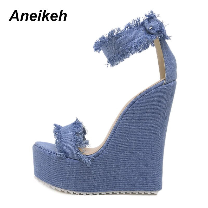 Aneikeh 2024 Blue Designer Denim Sandals Summer Woman Wedges High