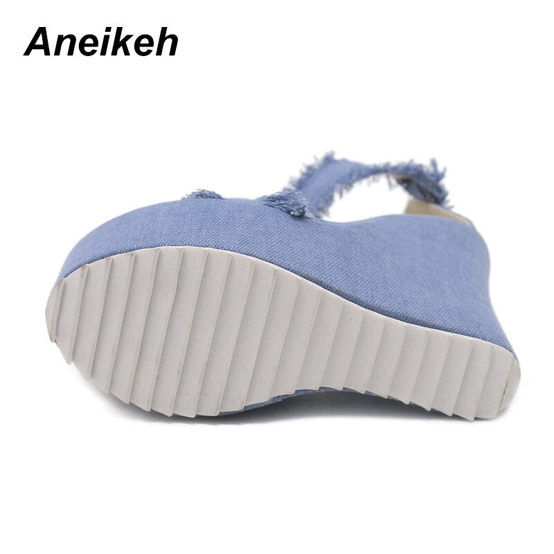 Aneikeh 2024 Blue Designer Denim Sandals Summer Woman Wedges High