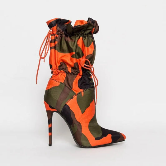 Fashion Pointed Toe Mid Calf Boots for Women Camouflage Print Stiletto